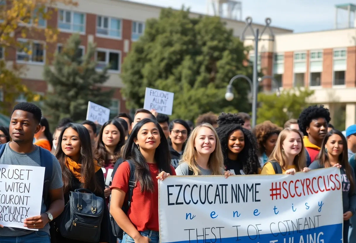 Diverse students advocating for the restoration of tuition rights at a community college.