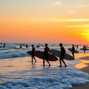 Sunset over a beach with surfers in the water, symbolizing community and remembrance.