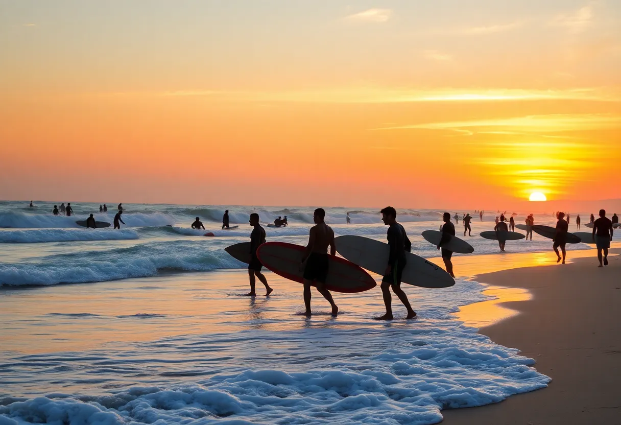 Sunset over a beach with surfers in the water, symbolizing community and remembrance.