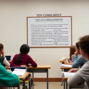 Classroom with Ten Commandments display and diverse students