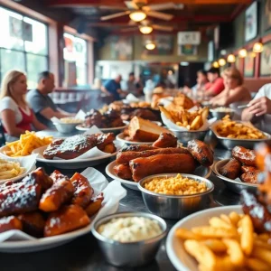 A selection of barbecue dishes including brisket, ribs, and sides at Terry Black's Barbecue.