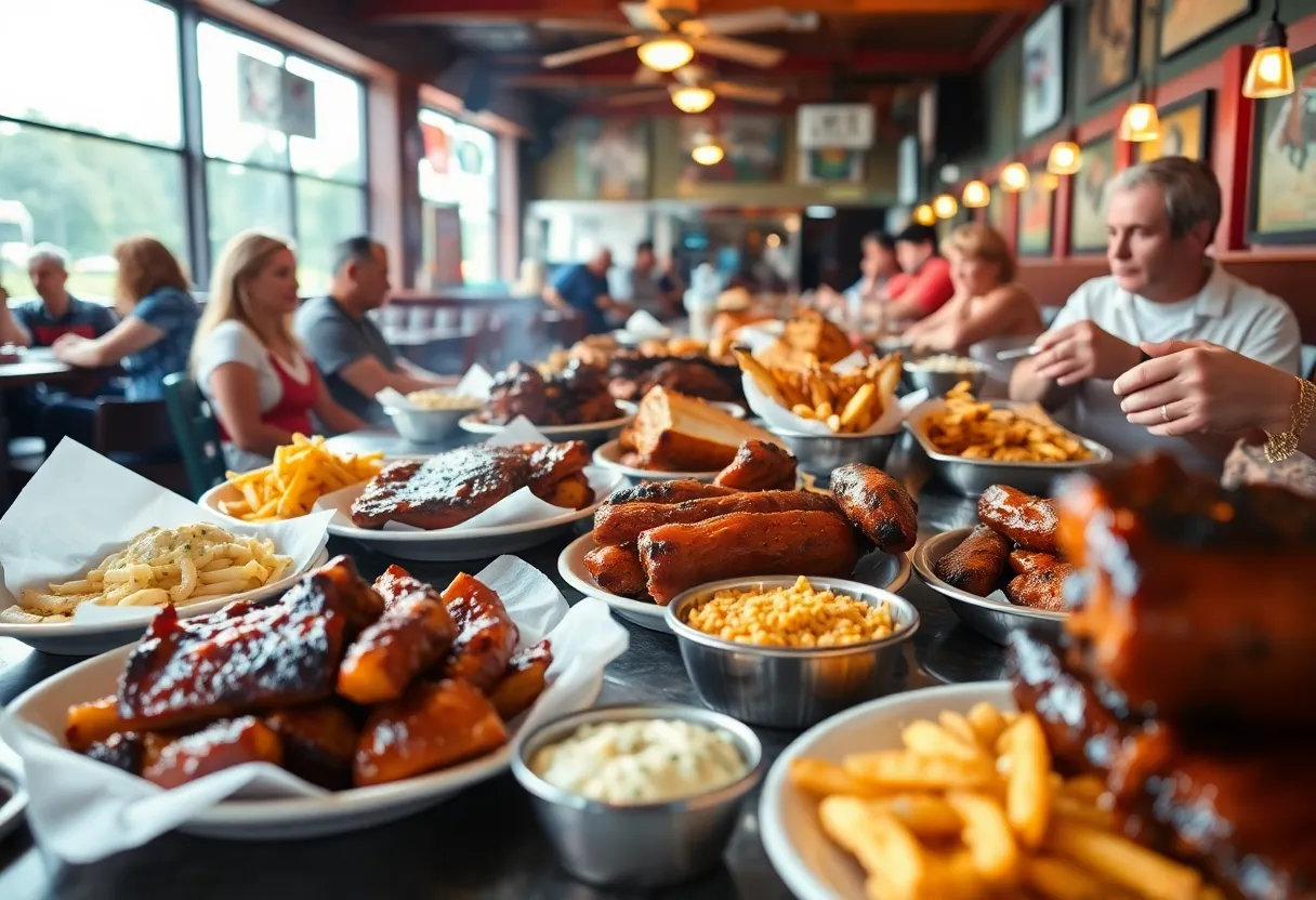 A selection of barbecue dishes including brisket, ribs, and sides at Terry Black's Barbecue.