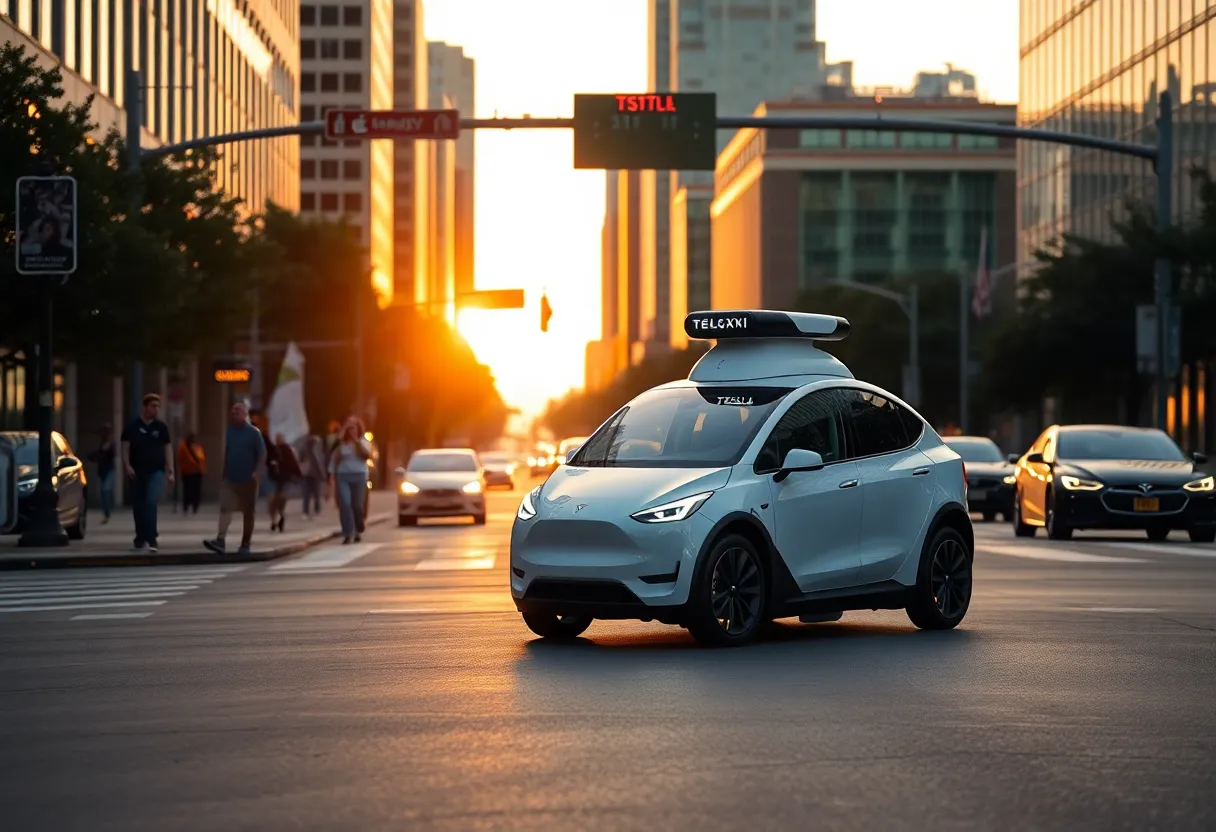 Futuristic Tesla Model Y robotaxi in Austin cityscape