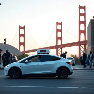 Futuristic Tesla robotaxi on San Francisco streets with Golden Gate Bridge