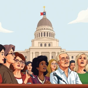 Diverse speakers at a legislative hearing in front of the Texas Capitol