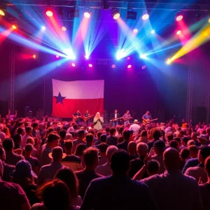 Crowd at Texas flood relief concert with musicians on stage