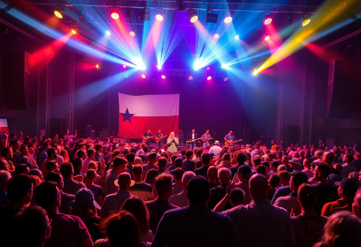 Crowd at Texas flood relief concert with musicians on stage