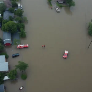 Emergency response teams working in flooded Texas community