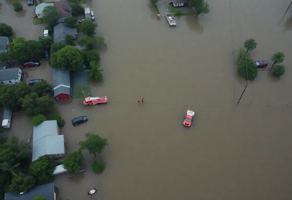 Emergency response teams working in flooded Texas community
