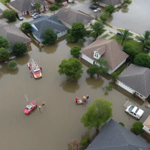 Aerial view of flooded Texas neighborhoods with emergency rescue operations.