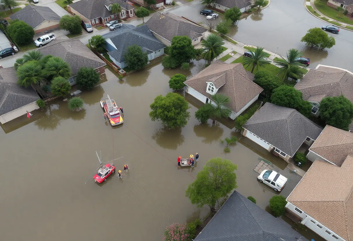 Aerial view of flooded Texas neighborhoods with emergency rescue operations.