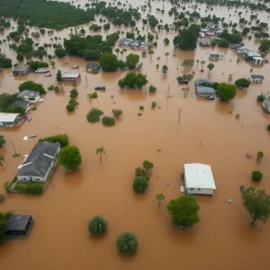 Aerial view of severe flooding in Texas with rescue efforts visible.
