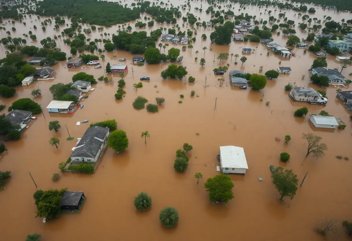 Aerial view of severe flooding in Texas with rescue efforts visible.