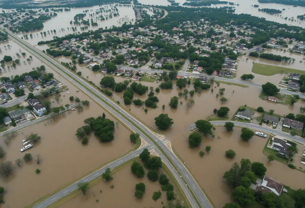 Aerial view of flooding in Texas with rescue operations underway