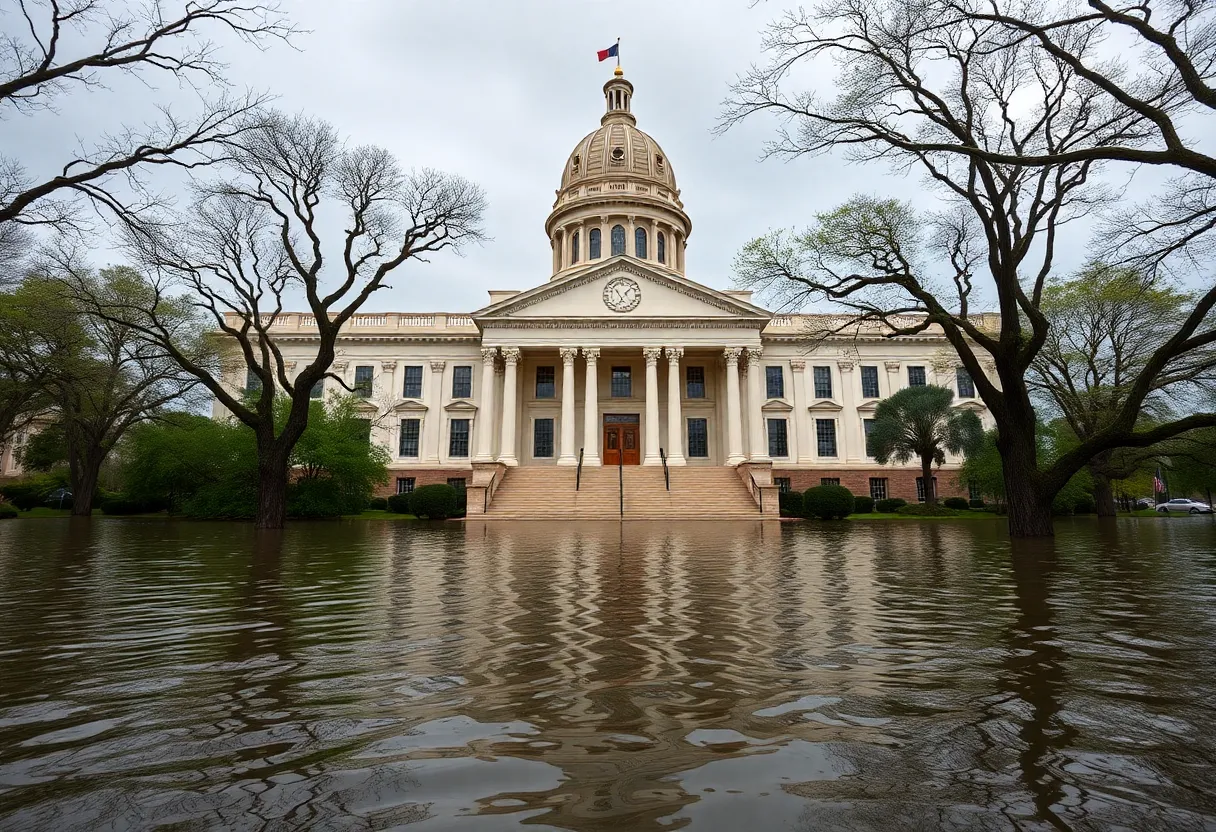 Texas Capitol with floodwaters and lawmakers wearing green ribbons