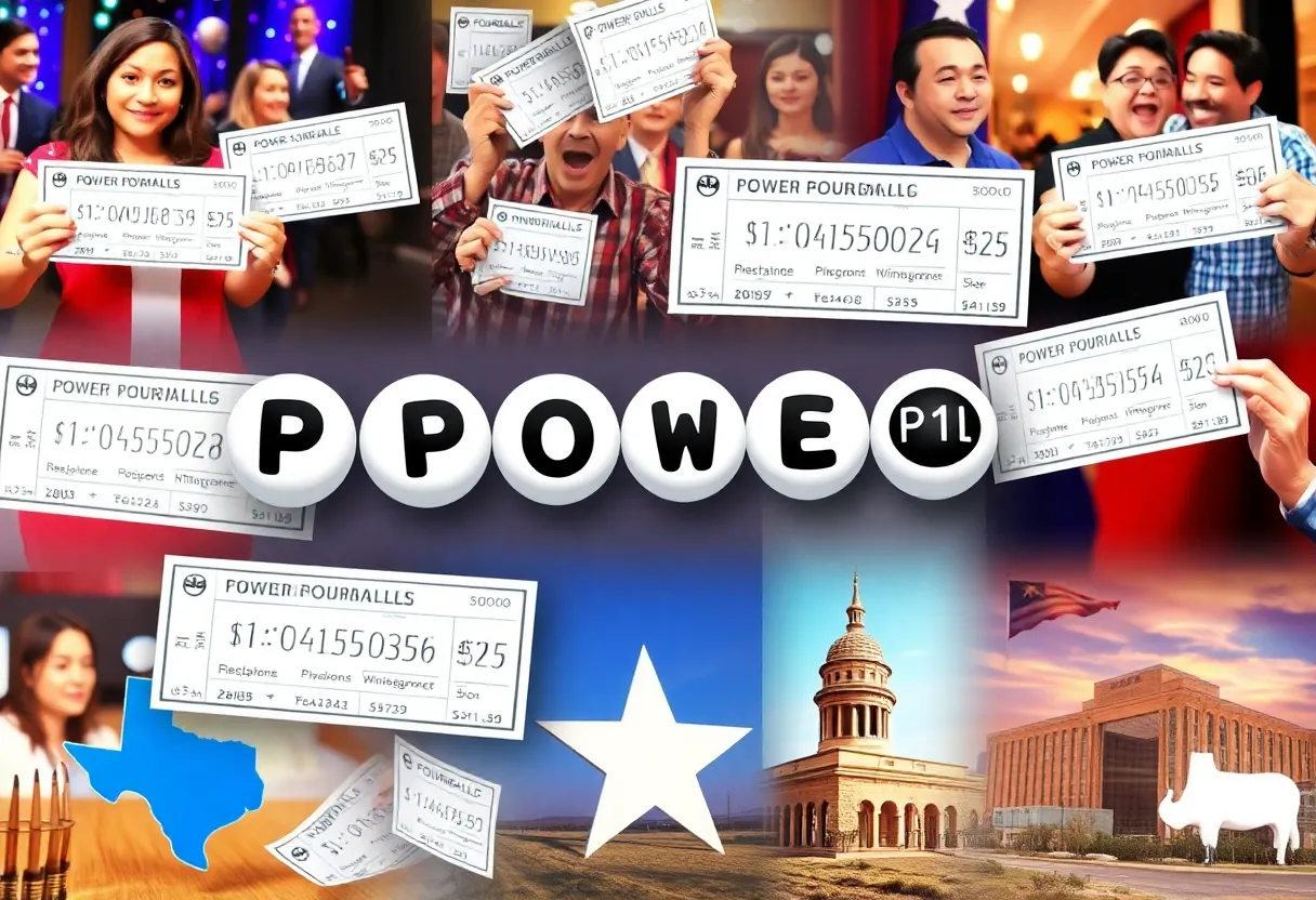 Collage of Texas Lottery winning tickets and landmarks