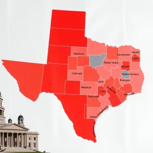 Proposed Texas redistricting map showing Republican and Democratic districts.