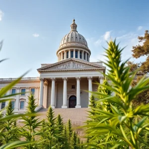 Texas Senate building surrounded by hemp plants.