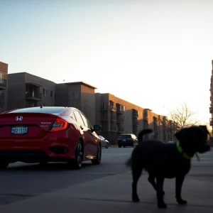 Red Honda Civic outside apartment complex with dog silhouette