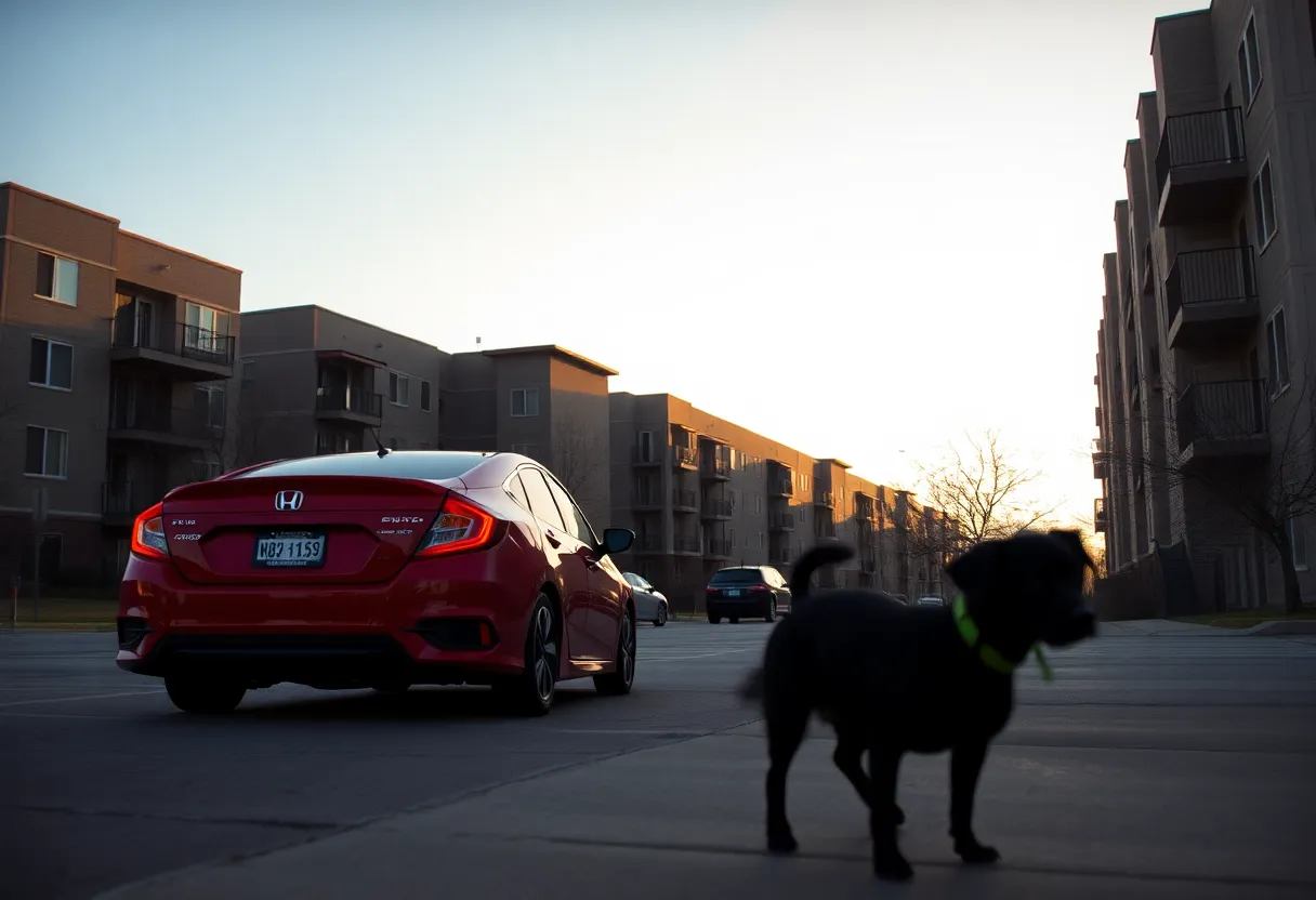 Red Honda Civic outside apartment complex with dog silhouette