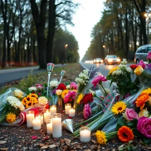 Traffic accident memorial with flowers and candles