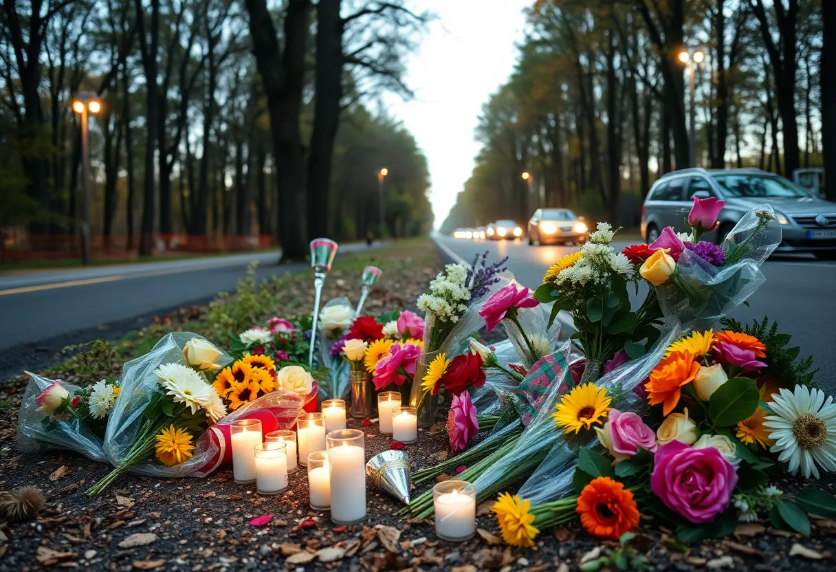 Traffic accident memorial with flowers and candles