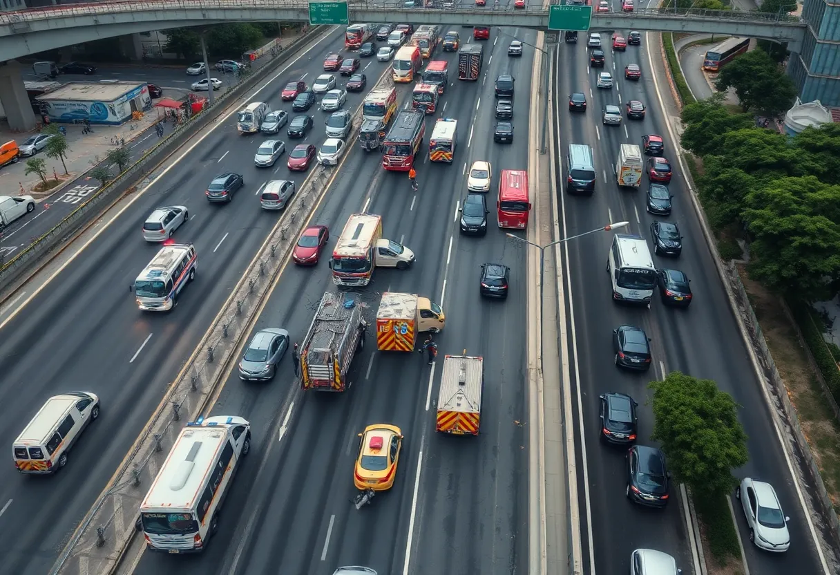 Traffic jam on a highway due to a multi-vehicle accident