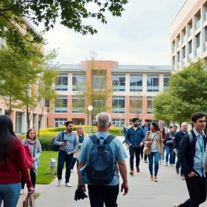 Vibrant university campus with students engaging in academic activities