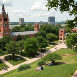 Campus view of the University of Texas at Austin with students