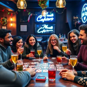 Friends enjoying a lively UNO game night at a tavern in Austin.
