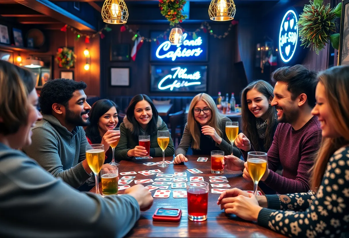 Friends enjoying a lively UNO game night at a tavern in Austin.