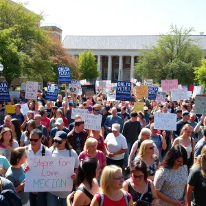 Crowd protesting at the University of Texas at Arlington against redistricting plan