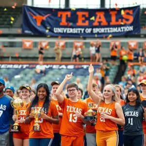 Athletes from the University of Texas celebrating their victory in the Directors' Cup