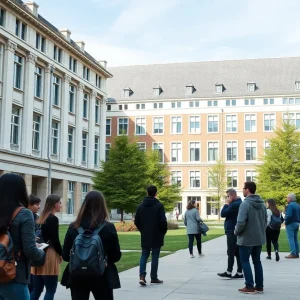 A lively view of the University of Texas at Austin campus filled with students.