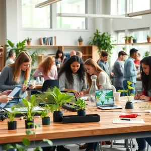 Students collaborating in a sustainable innovation hub at the University of Texas