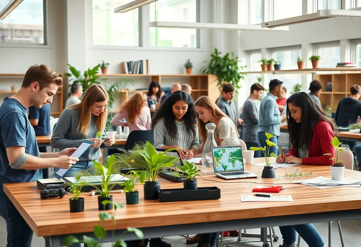 Students collaborating in a sustainable innovation hub at the University of Texas