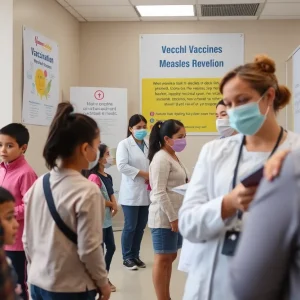 Children receiving vaccinations at a public health clinic to prevent measles