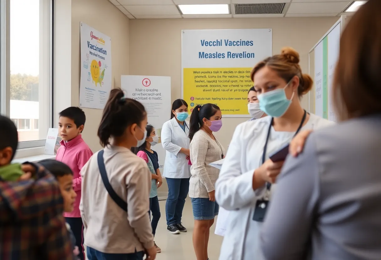 Children receiving vaccinations at a public health clinic to prevent measles