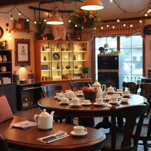 A communal tea service setup featuring teapots and cups at Flow Yoga.