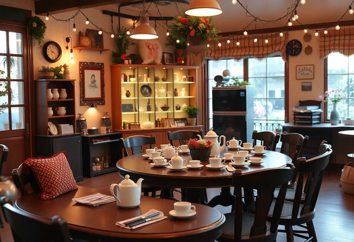 A communal tea service setup featuring teapots and cups at Flow Yoga.