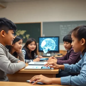 Classroom with students interacting with AI technology