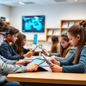 Students collaborating in a modern classroom using AI technology for learning.