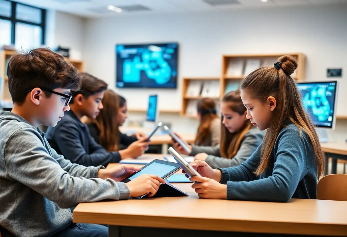 Students collaborating in a modern classroom using AI technology for learning.