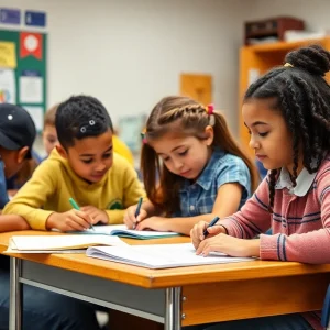 Students in a classroom analyzing performance report.
