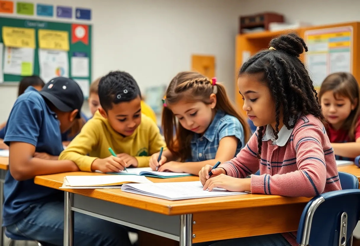Students in a classroom analyzing performance report.