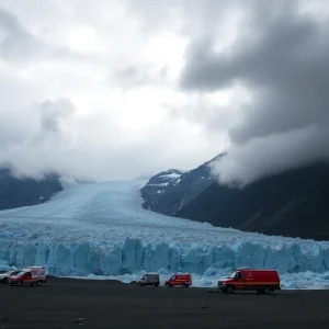 Emergency measures in front of a glacier poised for flooding.