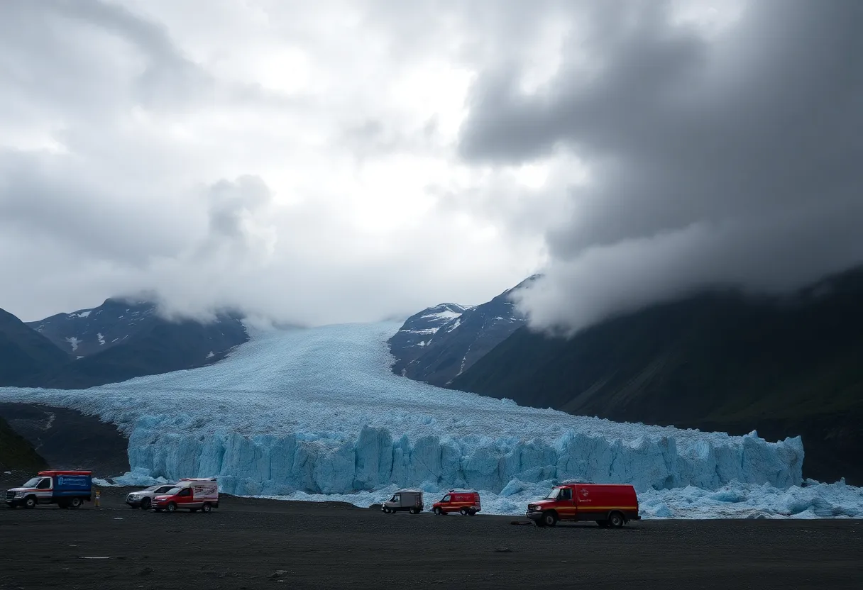 Emergency measures in front of a glacier poised for flooding.