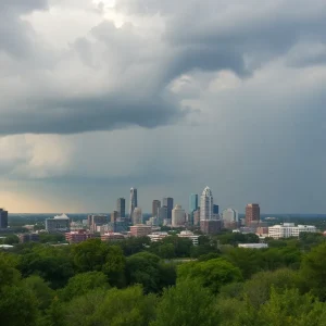 View of Austin, Texas with clouds indicating rain