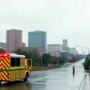 Emergency response teams in Austin preparing for flood alerts during heavy rains.