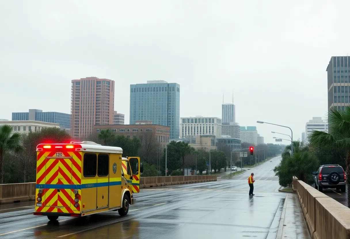 Emergency response teams in Austin preparing for flood alerts during heavy rains.